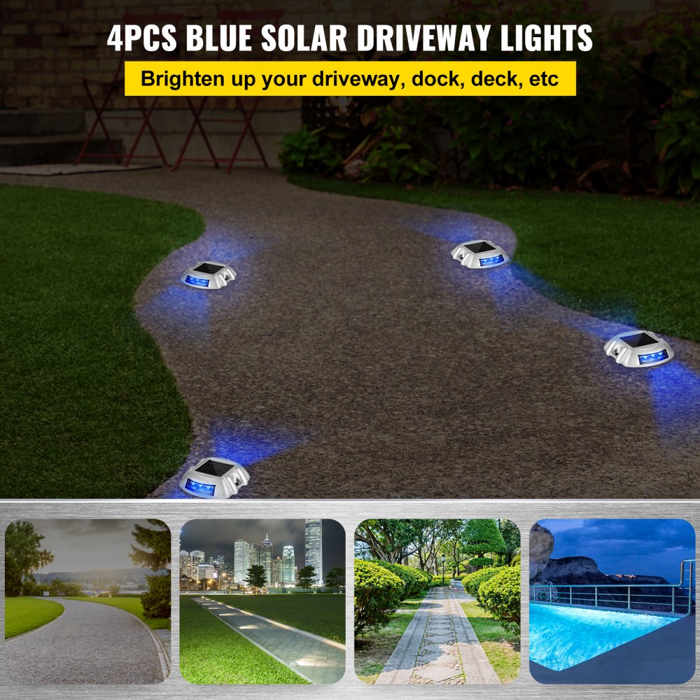 Bostome solar driveway lights in a 4-pack with blue LED glow and waterproof design.
