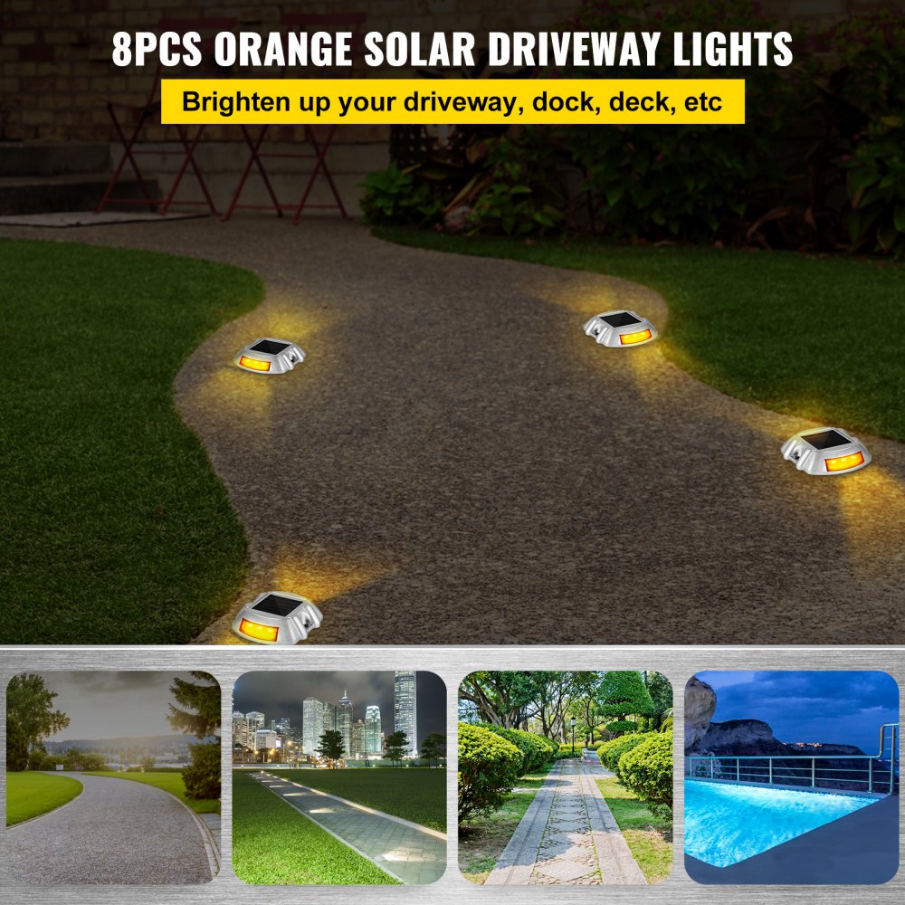 Eight orange LED solar driveway lights in a sturdy, waterproof design for nighttime visibility.