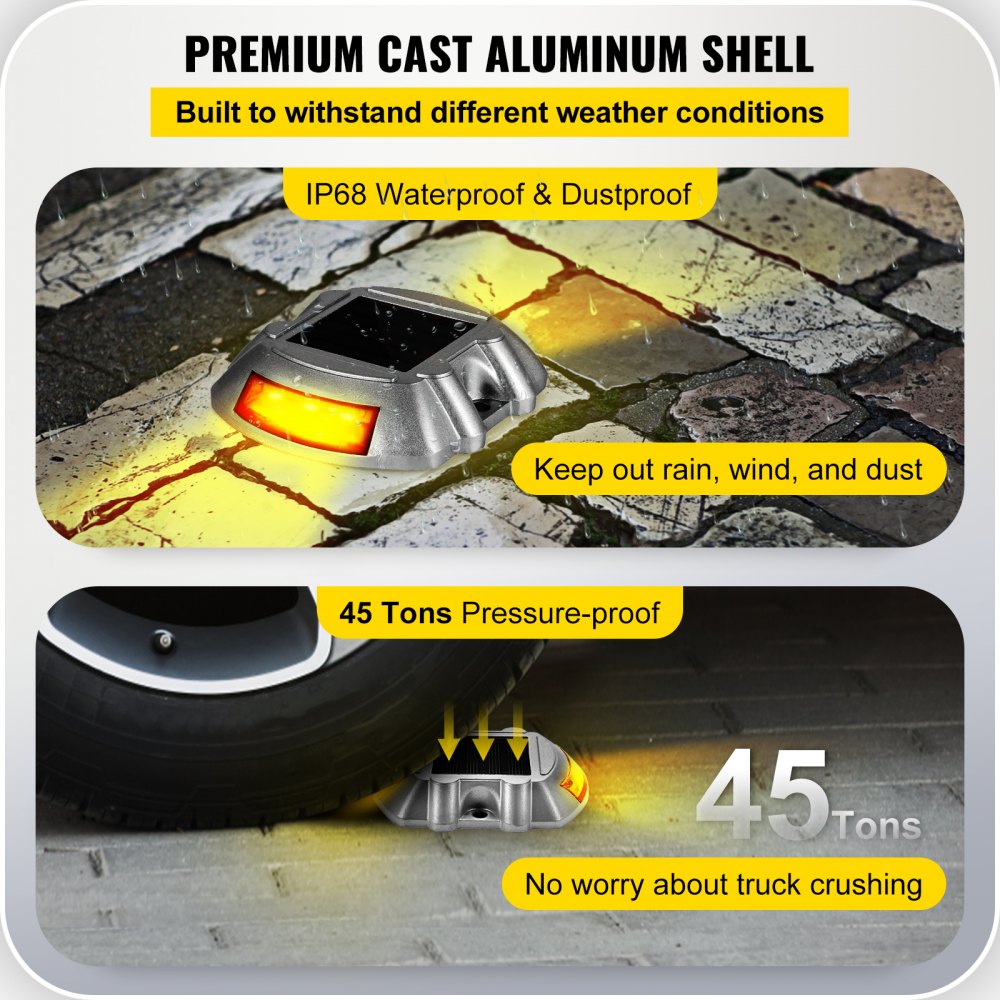 Eight orange LED solar driveway lights with IP68 waterproof rating and durable aluminum shell.