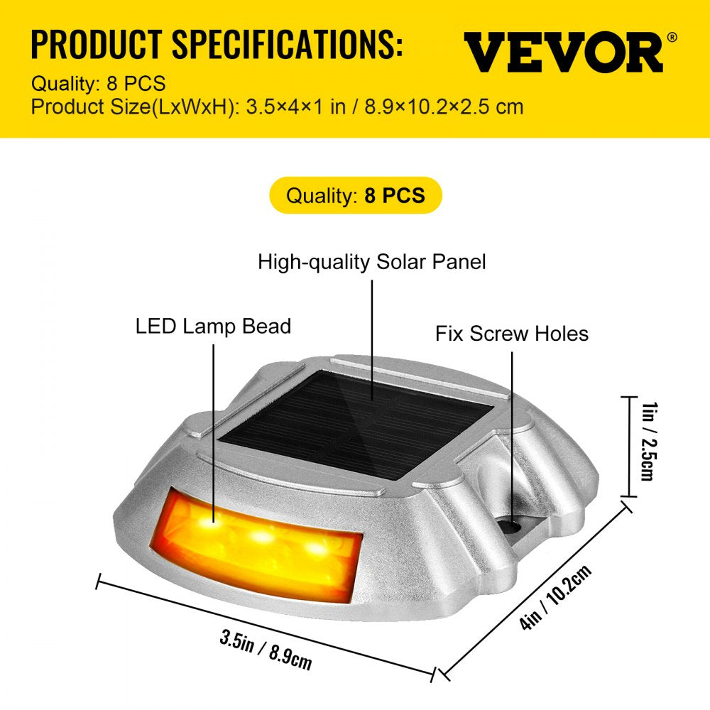 Eight orange LED solar driveway lights with waterproof design and durable aluminum shell.