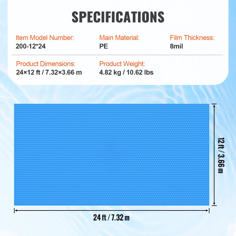 Solar Pool Cover, 24 x 12 ft Rectangle Solar Blanket for Pools, Inground Above Ground Swimming Pool Solar Cover, 8 mil Solar Covers Blue