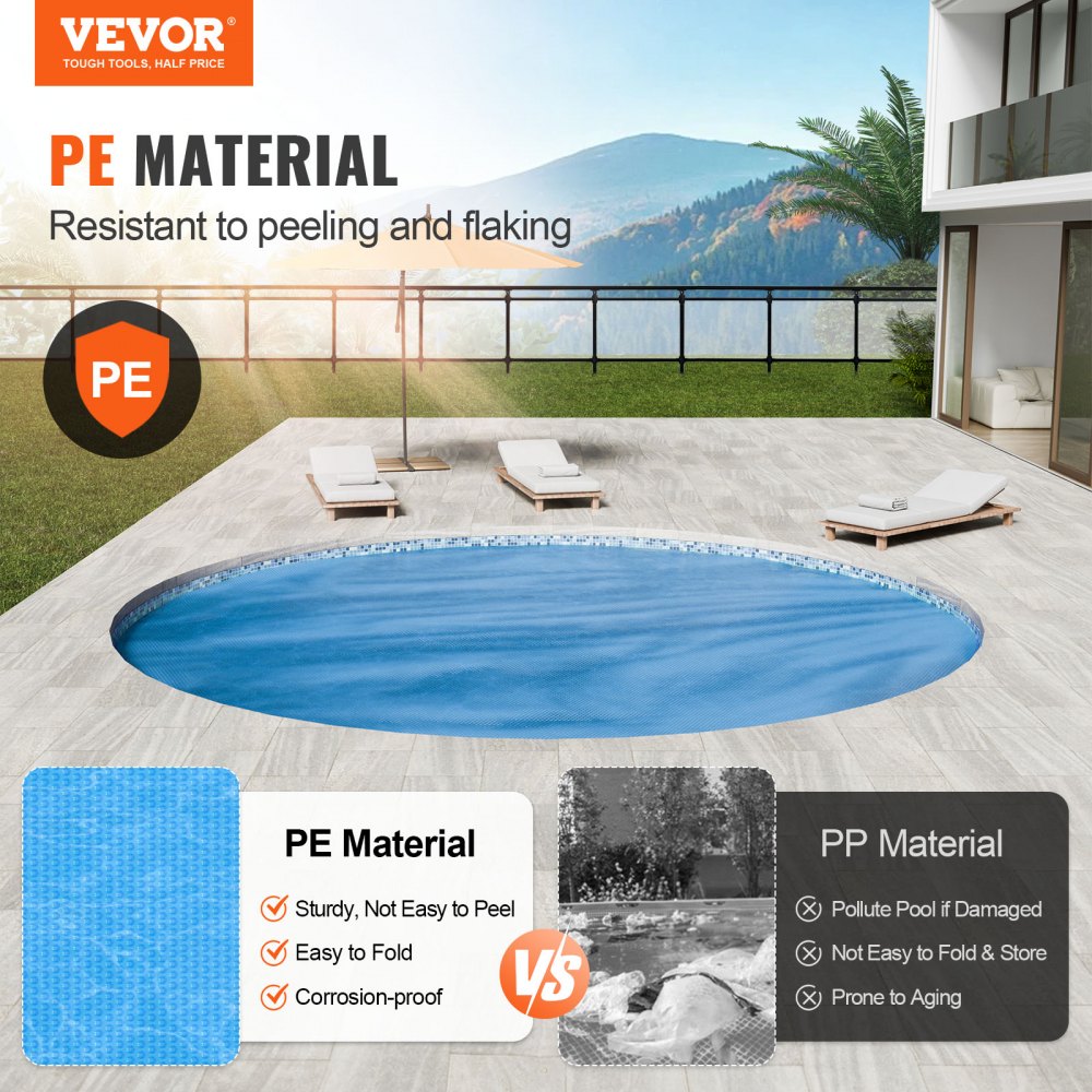 10 ft round blue solar pool cover made of 15 mil PE material, shown over a pool with comparison to PP.