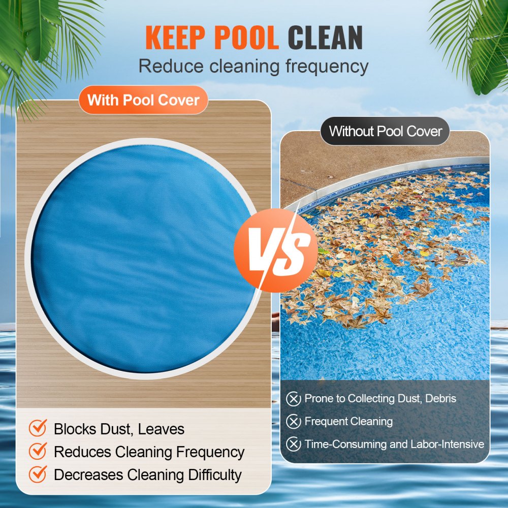 10 ft round blue solar pool cover shown blocking debris and reducing cleaning compared to uncovered pool.