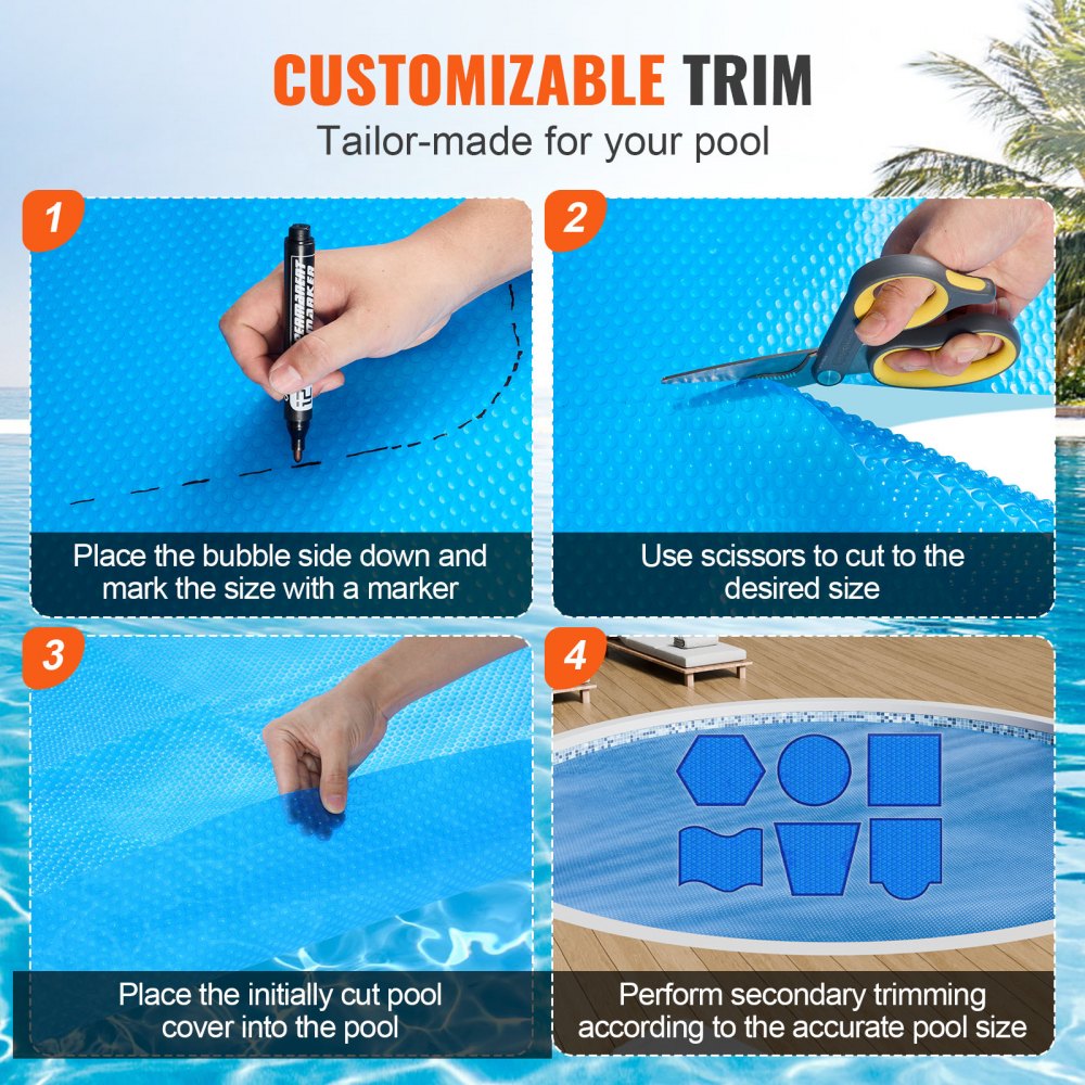 Four-step diagram showing how to mark, cut, and trim a blue round solar pool cover to fit a pool.