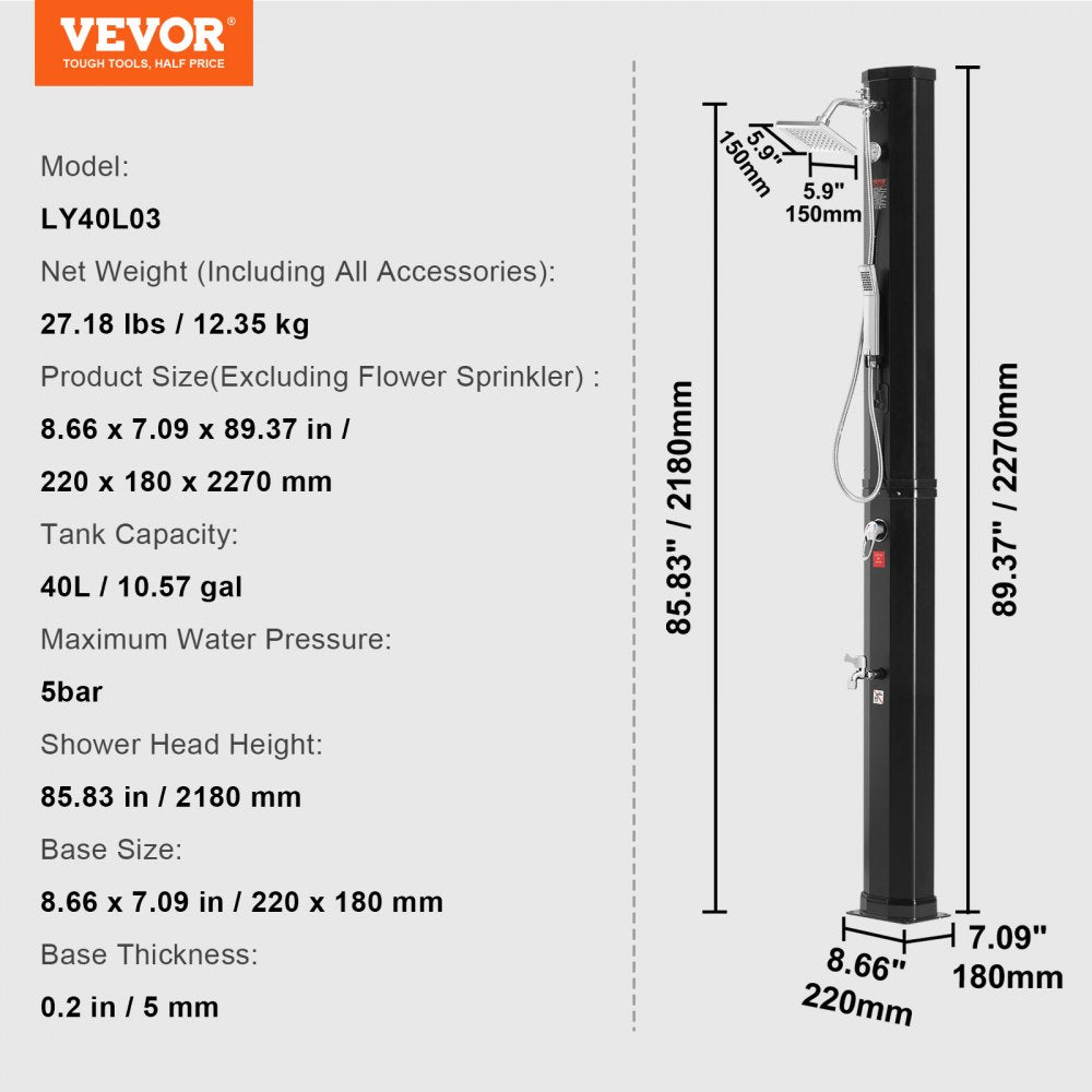 Outdoor Solar Heated Shower, 10.57 Gallon Poolside Shower Kit with 2 Shower Head and Foot Shower Tap, Handheld/Hanging Two Modes Fast Assembly for Outdoor Backyard Poolside Beach Spa