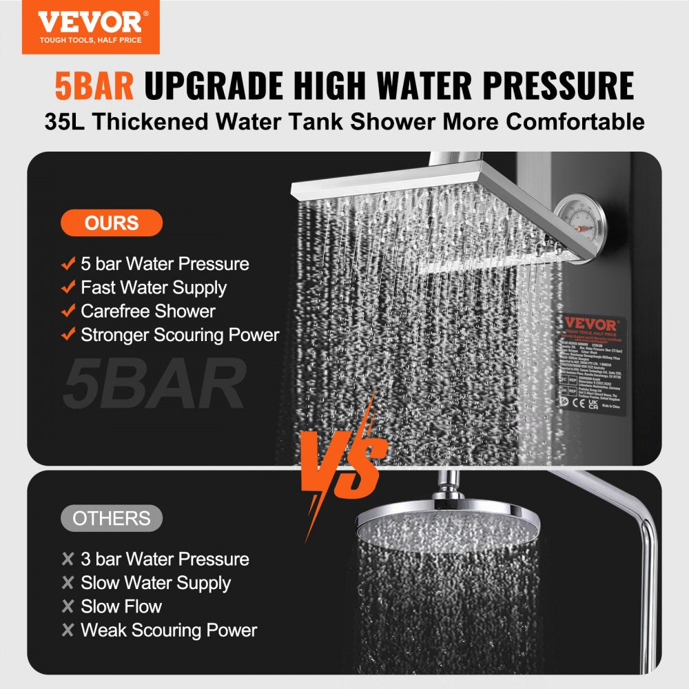 Outdoor Solar Heated Shower, 9.25 Gallon Poolside Shower Kit with Shower Head and Foot Shower Tap, Double Buckle Fast Assembly W/ Pre-Drilled Holes for Outdoor Backyard Poolside Beach Spa