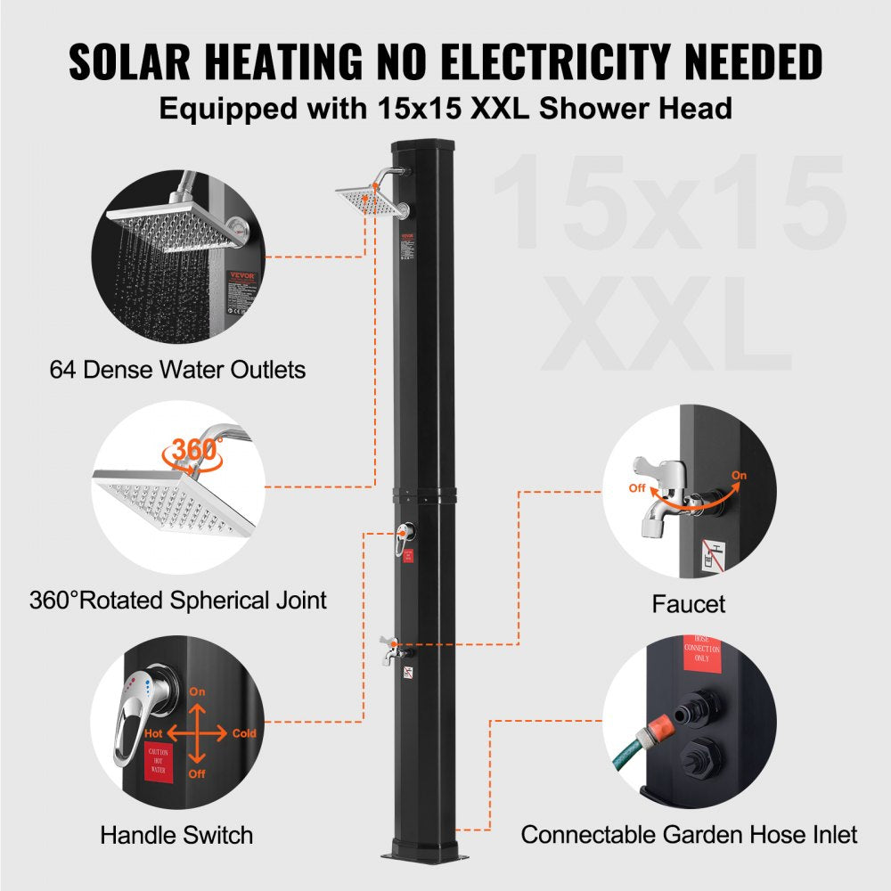 Outdoor Solar Heated Shower, 9.25 Gallon Poolside Shower Kit with Shower Head and Foot Shower Tap, Double Buckle Fast Assembly W/ Pre-Drilled Holes for Outdoor Backyard Poolside Beach Spa