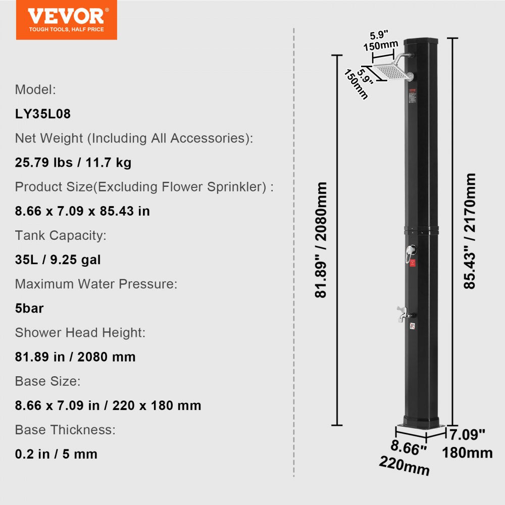 Outdoor Solar Heated Shower, 9.25 Gallon Poolside Shower Kit with Shower Head and Foot Shower Tap, Double Buckle Fast Assembly W/ Pre-Drilled Holes for Outdoor Backyard Poolside Beach Spa