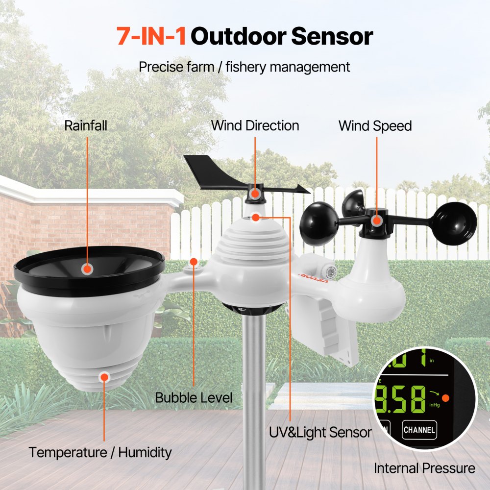 7-in-1 Wi-Fi Weather Station, 7.5 in Color Display, Home Weather Station Indoor Outdoor, with Solar Wireless Outdoor Sensor  Alarm Alerts, for Temperature Humidity Wind Speed/Direction Rain