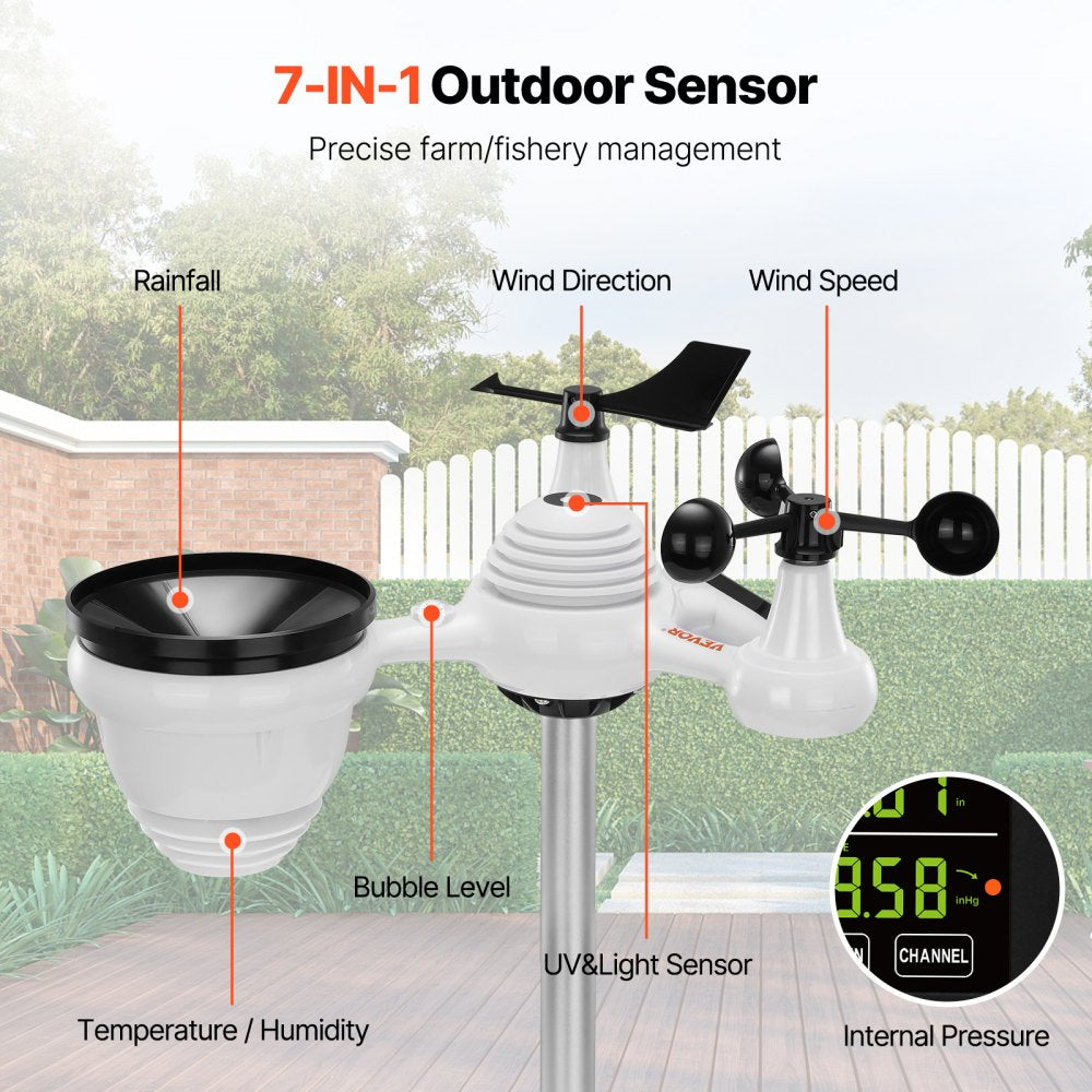 7-in-1 Wireless Weather Station, 7.5 in Large Color Display, Digital Home Weather Station Indoor Outdoor, for Temperature Humidity Wind Speed/Direction Rain UV, with Forecast Data, Alarm, Alerts