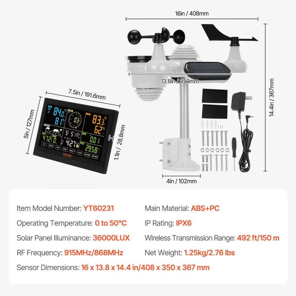 7-in-1 Wireless Weather Station, 7.5 in Large Color Display, Digital Home Weather Station Indoor Outdoor, for Temperature Humidity Wind Speed/Direction Rain UV, with Forecast Data, Alarm, Alerts