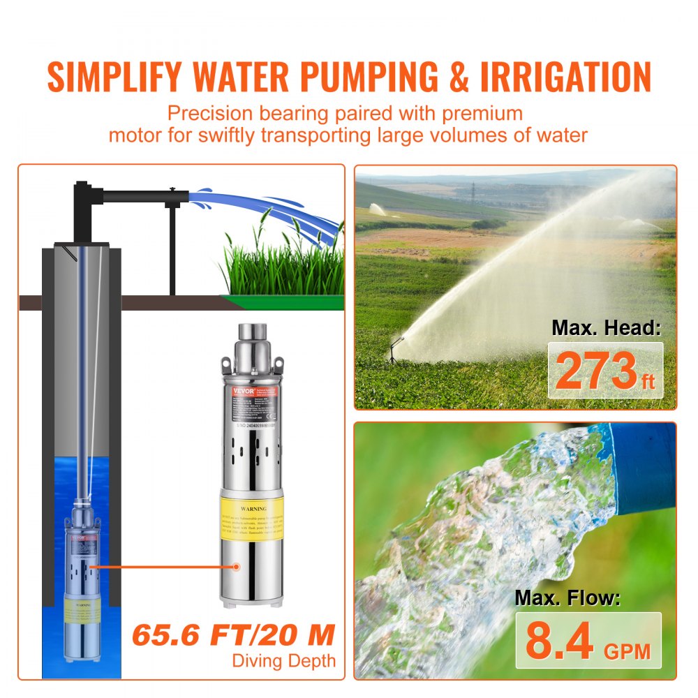 Solar Water Pump, 48V DC 369W Submersible Deep Well Pump, Max Flow 8.4 GPM, Max Head 273 ft, Max Submersion 65.6 ft, Solar Powered Water Pump for Well, Farm Ranch Irrigation, Livestock Drinking
