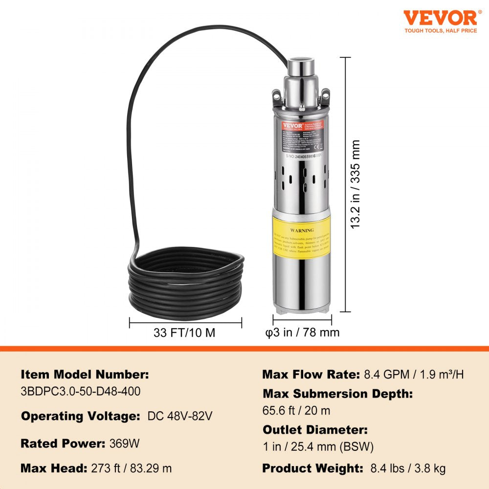 Solar Water Pump, 48V DC 369W Submersible Deep Well Pump, Max Flow 8.4 GPM, Max Head 273 ft, Max Submersion 65.6 ft, Solar Powered Water Pump for Well, Farm Ranch Irrigation, Livestock Drinking