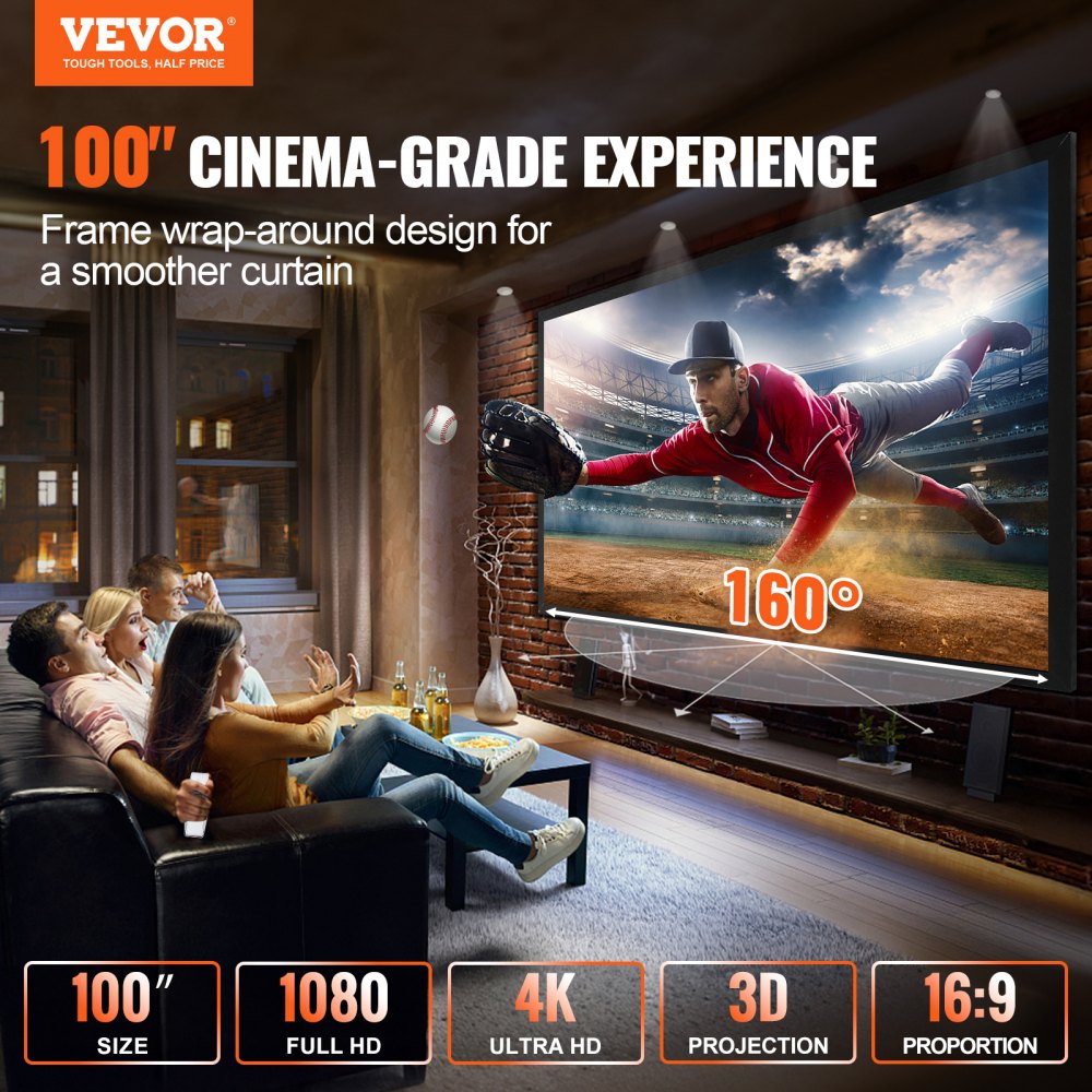 Projector Screen Fixed Frame 100inch Diagonal 16:9 4K HD Movie Projector Screen with Aluminum Frame Projector Screen Wall Mounted for Home Theater Office Use