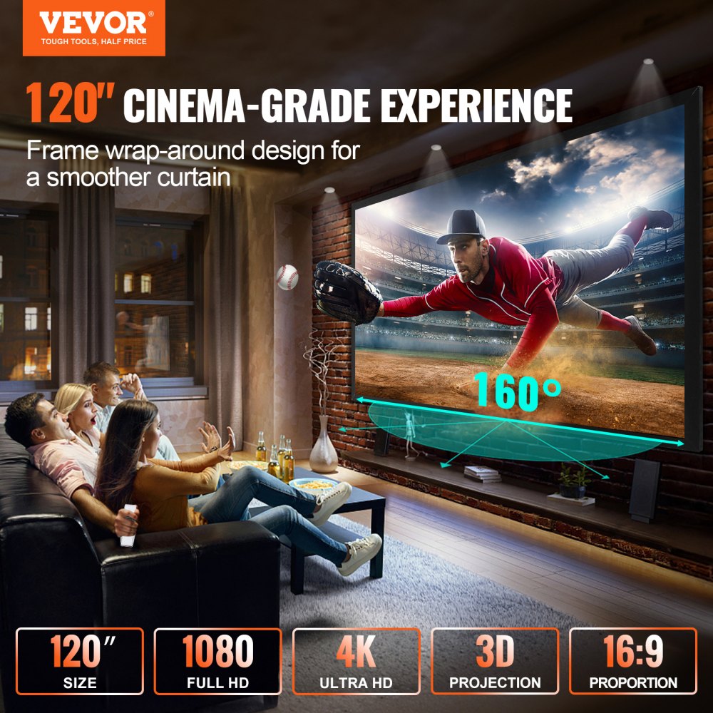 Projection Screen 120inch 16:9 Movie Screen Fixed Frame 3D Projector Screen for 4K HDTV Movie Theater Home