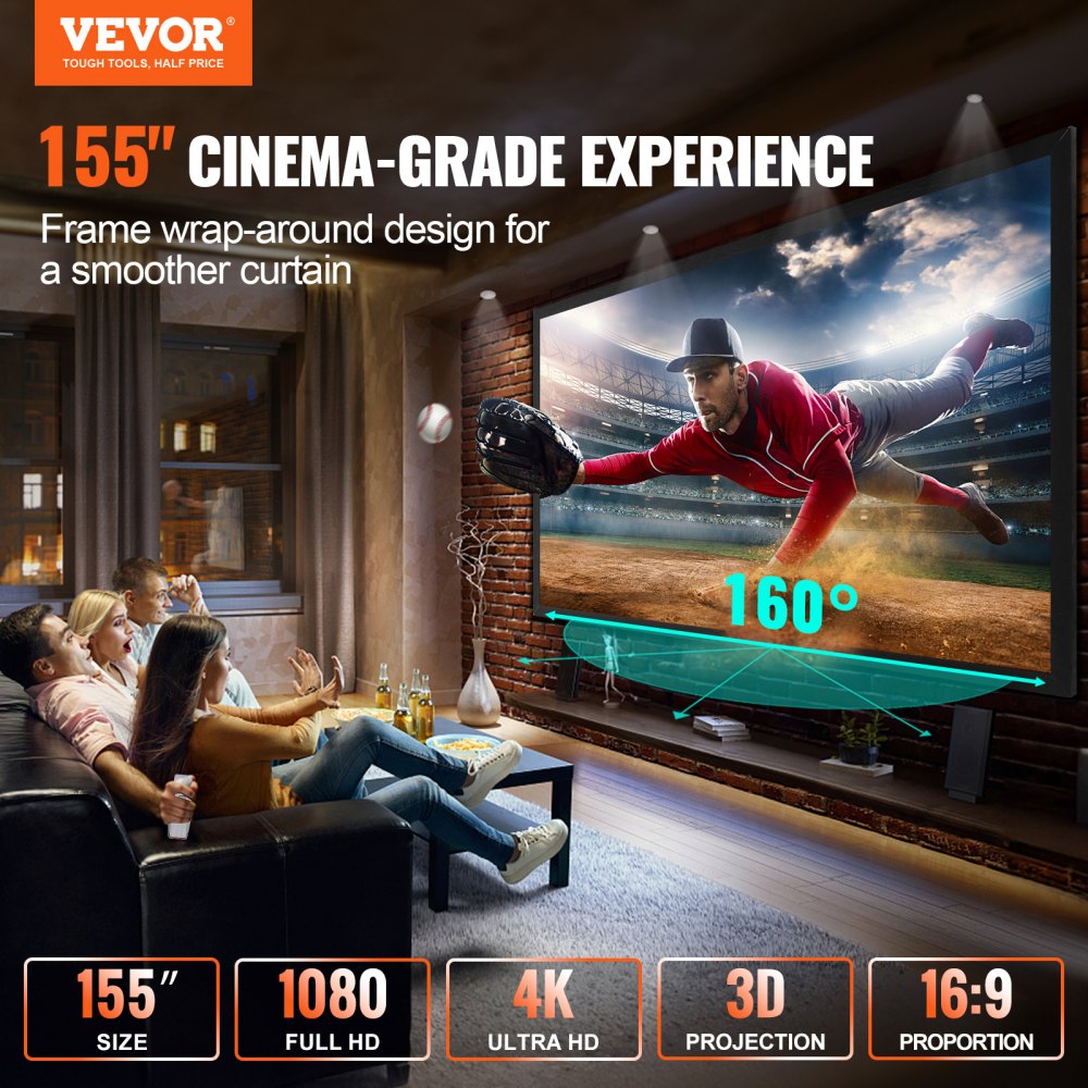 Projector Screen Fixed Frame 155inch Projector Screen 16:9 4K HD Movie Screen Wall Mounted for Movie Theater Home