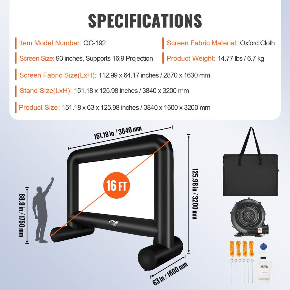 Inflatable Movie Screen, 16 FT（192inch） Inflatable Projector Screen for Outside with Blower and Carrying Bag, Front/Rear Projection, Oxford Fabric Blow Up Screen for Outdoor Parties Backyard Movie Night