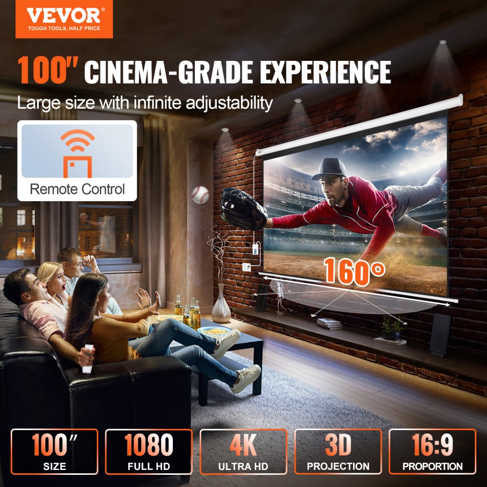 Motorized Projector Screen 100 inch, 16:9 4K 1080 HD Automatic Projection Screen, Electric Projector Screen with Remote Control, Wall Mount Movie Screen for Family Home Office Theater