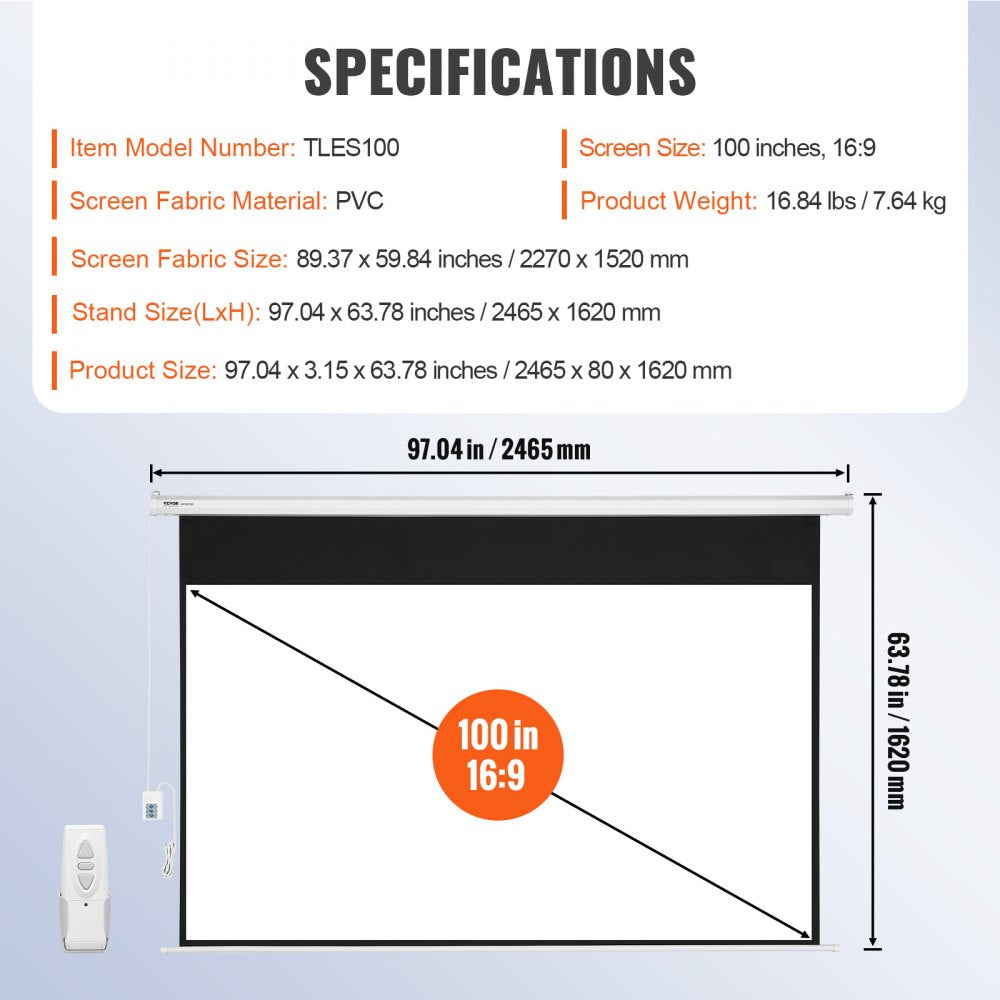 Motorized Projector Screen 100 inch, 16:9 4K 1080 HD Automatic Projection Screen, Electric Projector Screen with Remote Control, Wall Mount Movie Screen for Family Home Office Theater