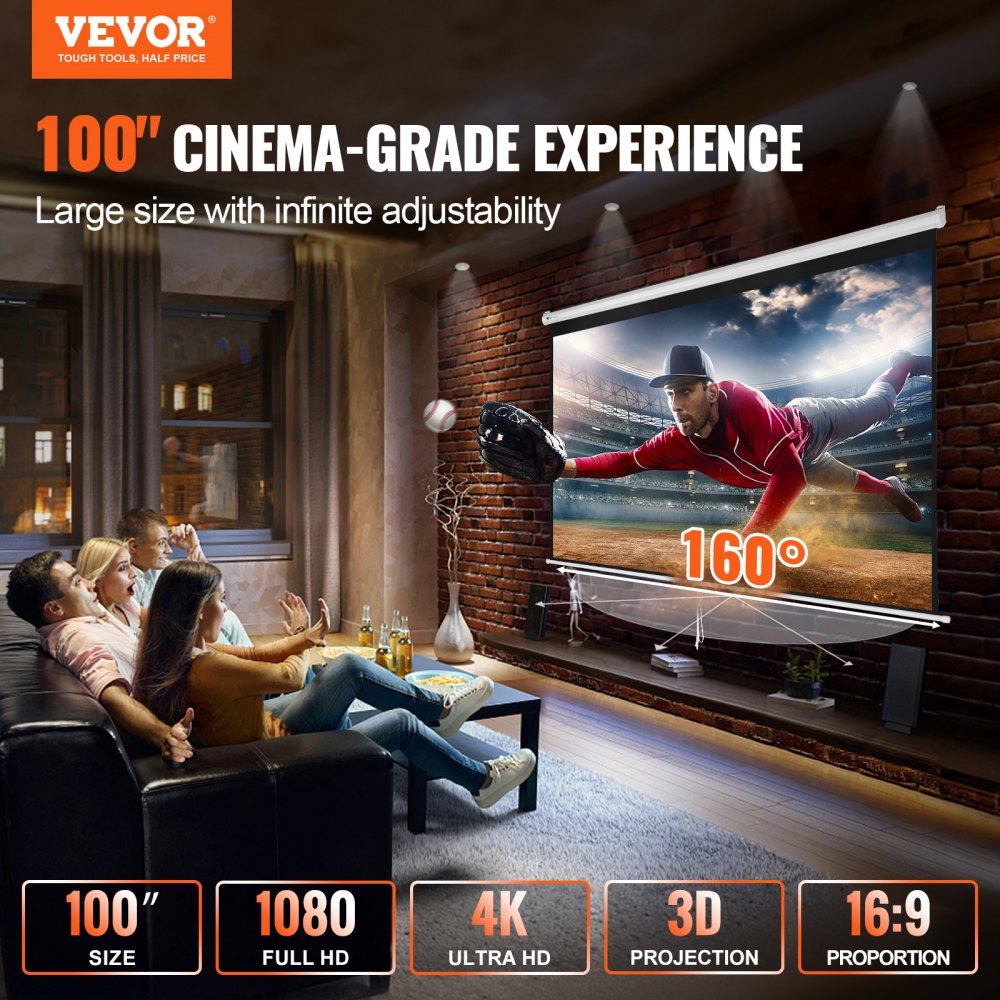 Manual Projector Screen, 100 inch 16:9 4K 1080 HD Retractable Pull Down Projector Screen, Auto-Locking Portable Movie Screen for Family Home Office Theater