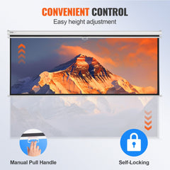 Manual Projector Screen, 100 inch 16:9 4K 1080 HD Retractable Pull Down Projector Screen, Auto-Locking Portable Movie Screen for Family Home Office Theater