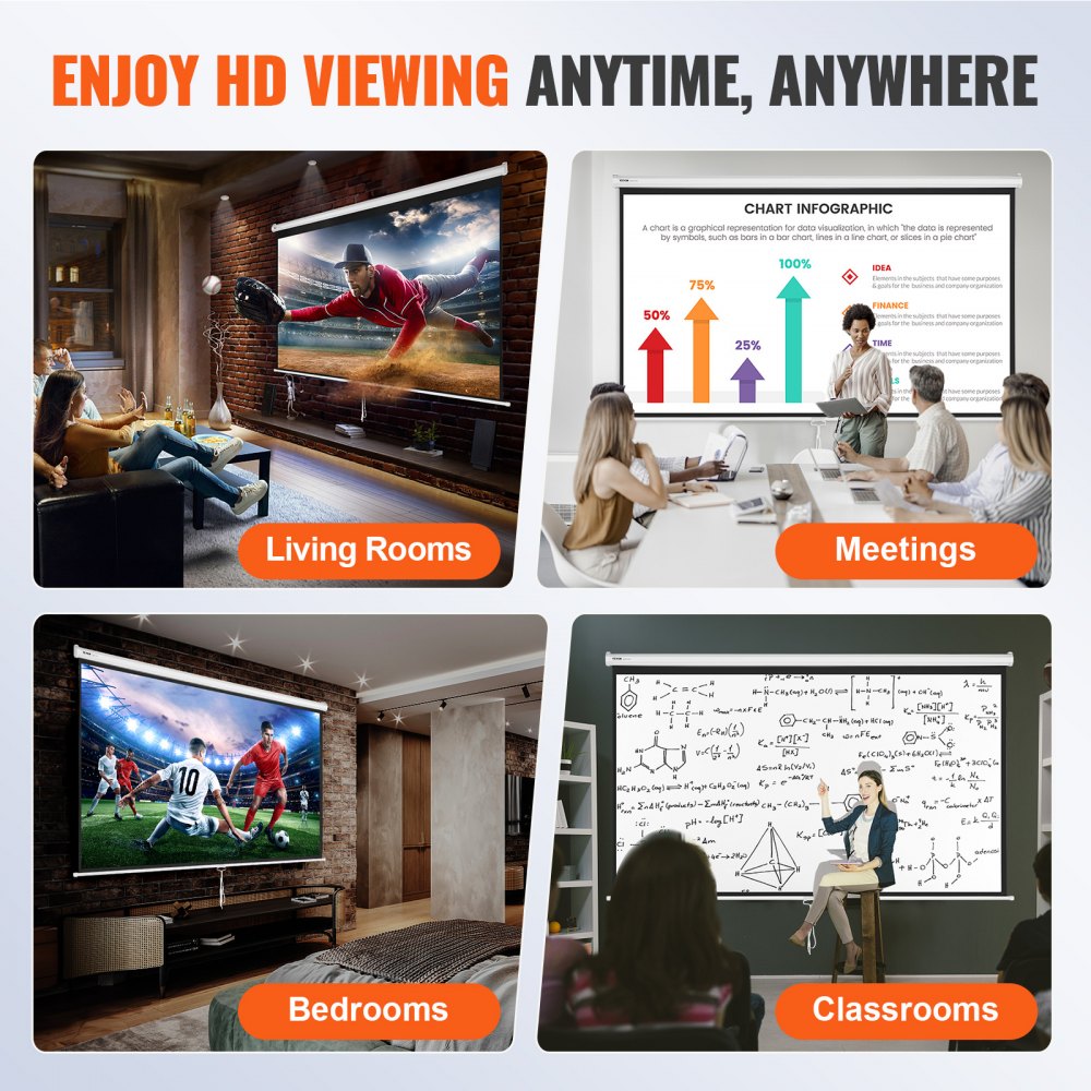 Manual Projector Screen, 100 inch 16:9 4K 1080 HD Retractable Pull Down Projector Screen, Auto-Locking Portable Movie Screen for Family Home Office Theater