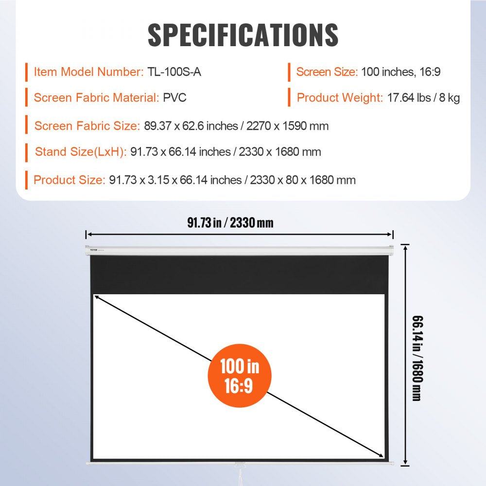 Manual Projector Screen, 100 inch 16:9 4K 1080 HD Retractable Pull Down Projector Screen, Auto-Locking Portable Movie Screen for Family Home Office Theater