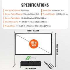 Projector Screen with Stand, 120 inch 16:9 4K 1080 HD Outdoor Movie Screen with Stand, Wrinkle-Free Projection Screen with Bar Feet and Carry Bag, for Home Theater Cinema Backyard Movie Night