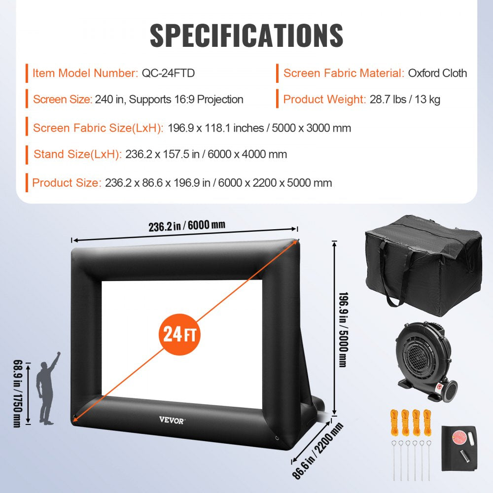 Inflatable Movie Screen 24FT（288inch） Inflatable Projector Screen for outside with 360W Air Blower Inflatable Screen Oxford Fabric Material Blow Up Screen for Outdoor Movie Supports Front/Rear Projection