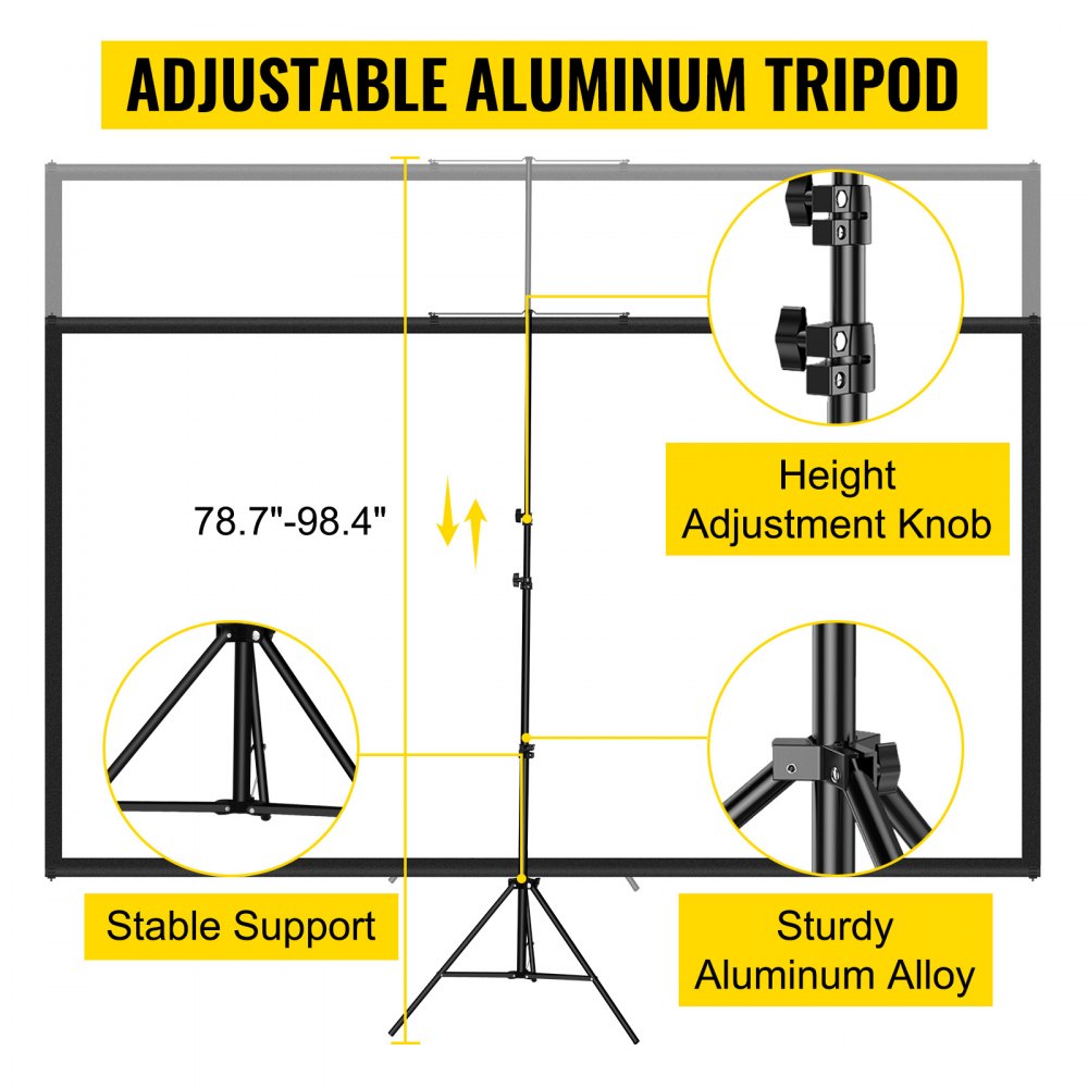 Tripod Projector Screen with Stand 60 inch 16:9 4K HD Projection Screen Stand Wrinkle-Free Height Adjustable Portable Screen for Projector Indoor & Outdoor for Movie, Home Cinema, Gaming, Office