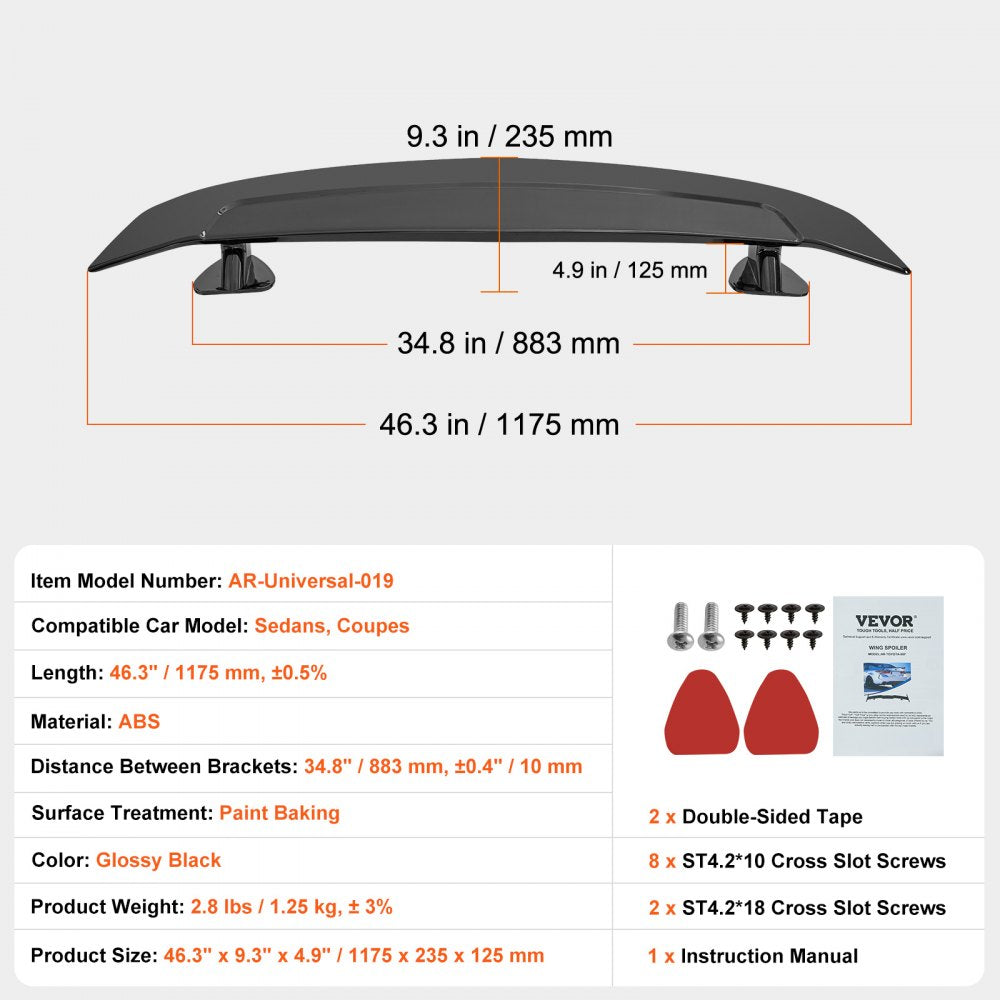 GT Wing Car Spoiler, 46.3 inch Universal Spoiler, Compatible with most Sedans and Coupes, High Strength ABS Material, Car Rear Spoiler Wing, Racing Spoiler BGW/JDM Drift Glossy Black
