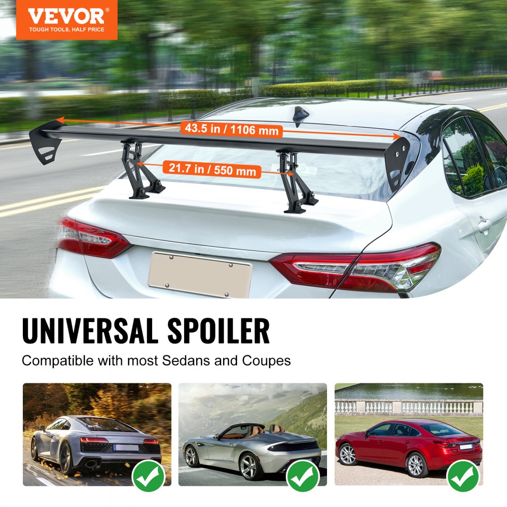 GT Wing Car Spoiler, 43.3 inch Universal Spoiler with Single Deck, Adjustable Lightweight Aluminum, Car Rear Spoiler Wing, Racing Spoiler BGW/JDM Drift Black