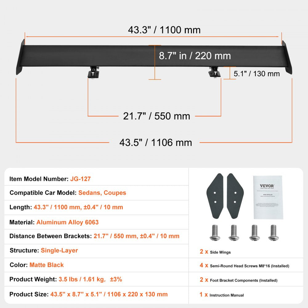 GT Wing Car Spoiler, 43.3 inch Universal Spoiler with Single Deck, Adjustable Lightweight Aluminum, Car Rear Spoiler Wing, Racing Spoiler BGW/JDM Drift Black