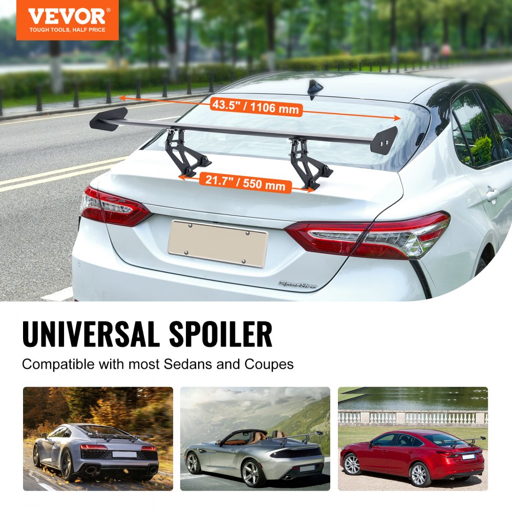 GT Wing Car Spoiler, 43.3 inch Universal Spoiler with Single Deck, Adjustable Lightweight Aluminum, Car Rear Spoiler Wing, Racing Spoiler BGW/JDM Drift Black