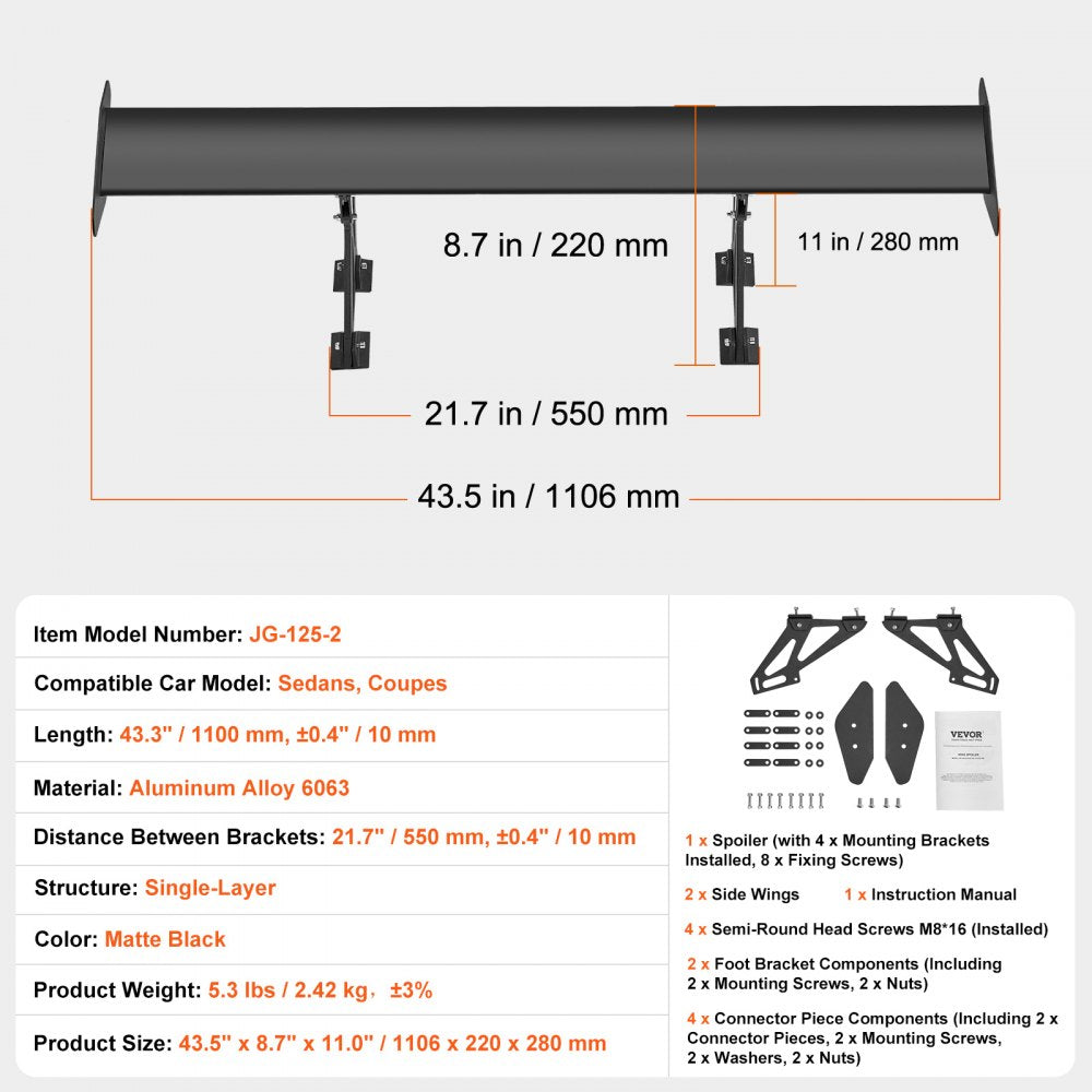 GT Wing Car Spoiler, 43.3 inch Universal Spoiler with Single Deck, Adjustable Lightweight Aluminum, Car Rear Spoiler Wing, Racing Spoiler BGW/JDM Drift Black