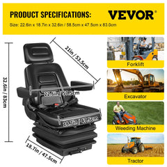 Suspension Seat Adjustable Backrest Headrest Armrest, Forklift Seat With Slide Rails, Foldable Heavy Duty for Tractor Forklift Excavator Skid Steer
