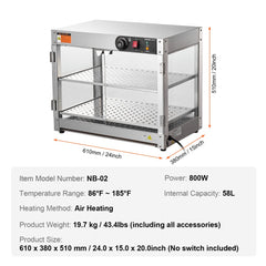 2-Tier Commercial Food Warmer Display Countertop Pizza Cabinet with Light