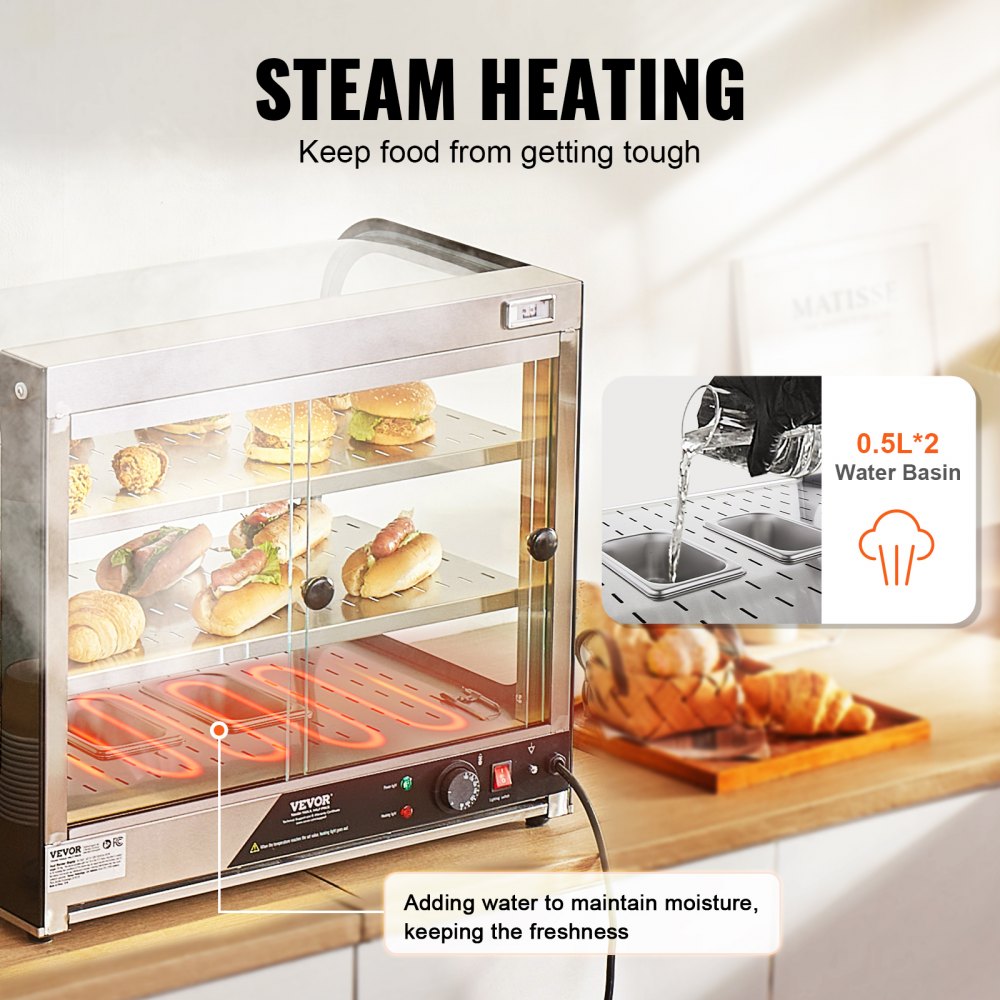 2-Tier Commercial Food Warmer Display Countertop Pizza Cabinet with Tong