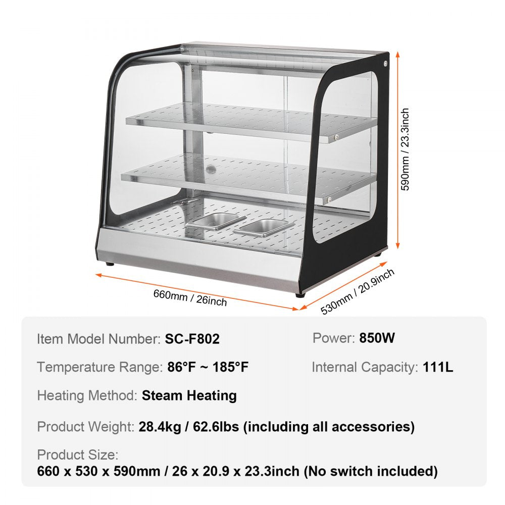 2-Tier Commercial Food Warmer Display Countertop Pizza Cabinet with Tong