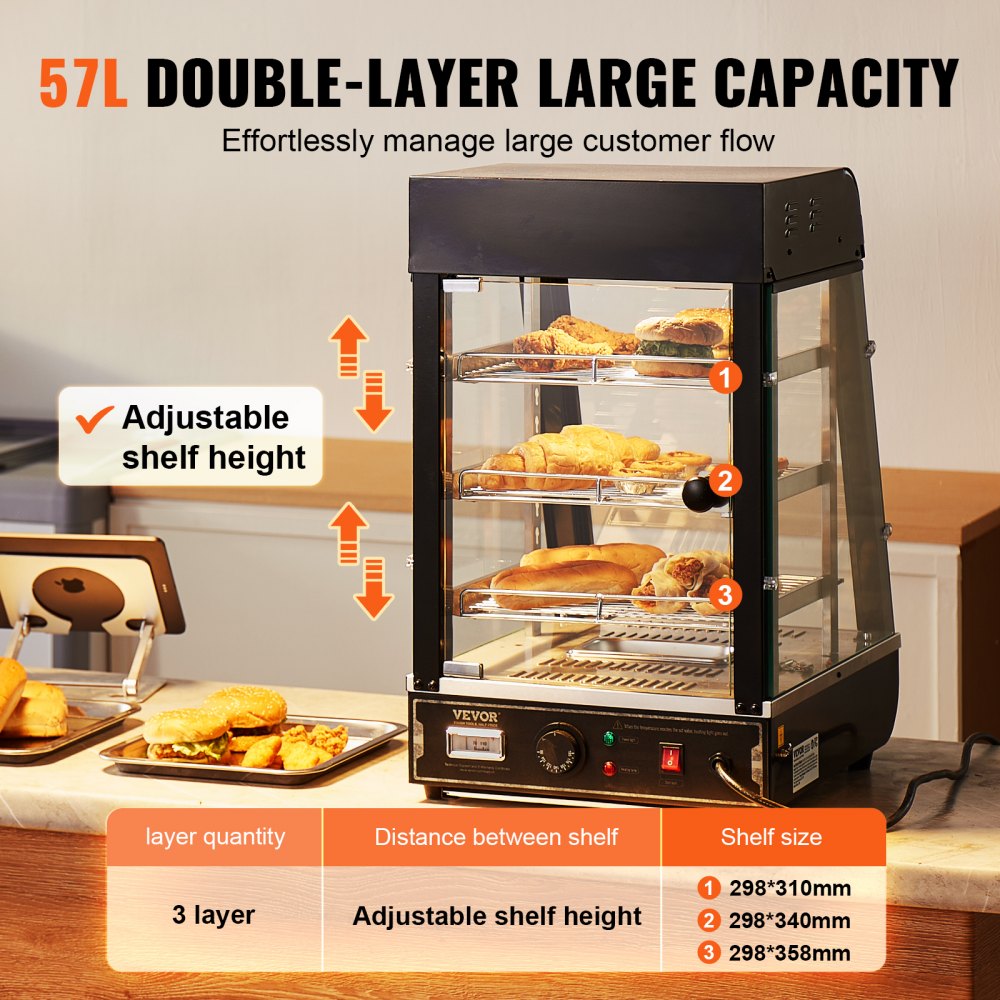 3-Tier Commercial Food Warmer Display Countertop Pizza Cabinet with Light