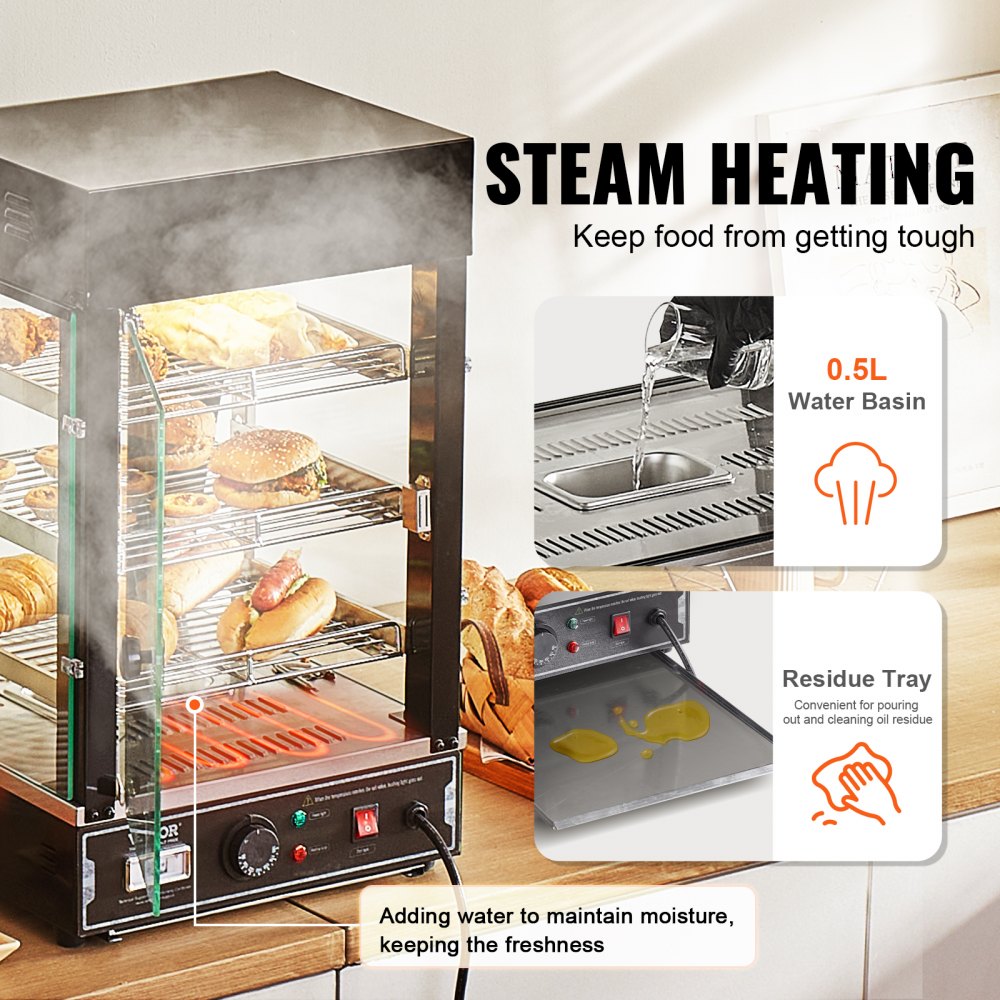 3-Tier Commercial Food Warmer Display Countertop Pizza Cabinet with Light