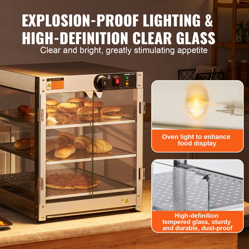 3-Tier Commercial Food Warmer Display Countertop Pizza Cabinet with Light