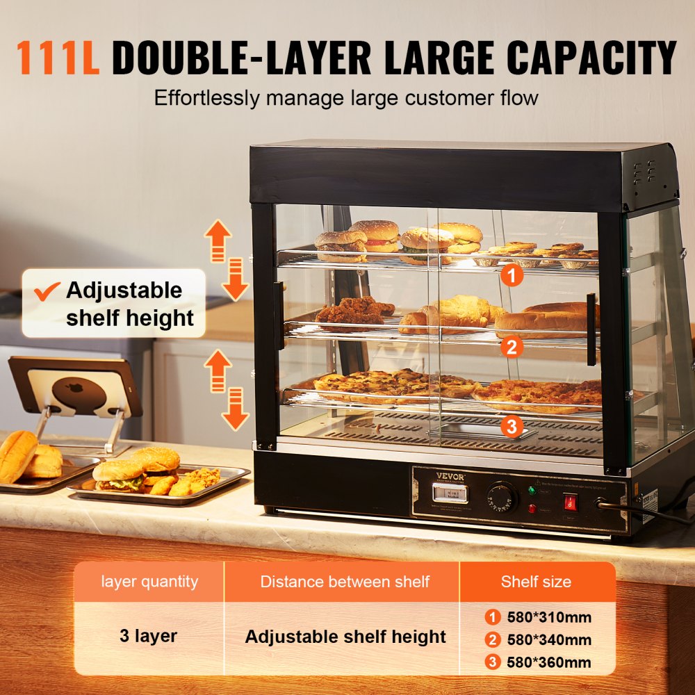 3-Tier Commercial Food Warmer Display Countertop Pizza Cabinet with Light