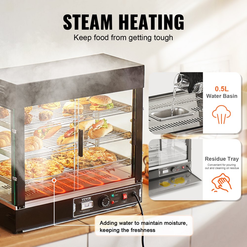3-Tier Commercial Food Warmer Display Countertop Pizza Cabinet with Light