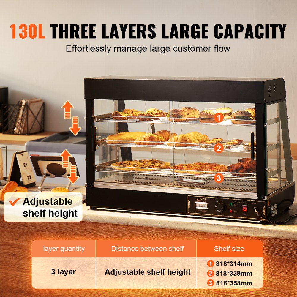 3-Tier Commercial Food Warmer Display Countertop Pizza Cabinet with Light