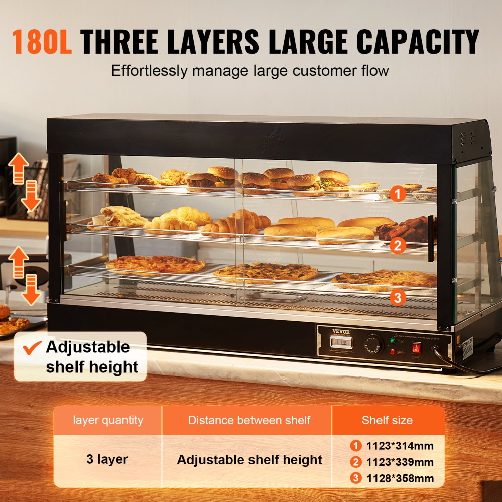 3-Tier Commercial Food Warmer Display Countertop Pizza Cabinet with Light