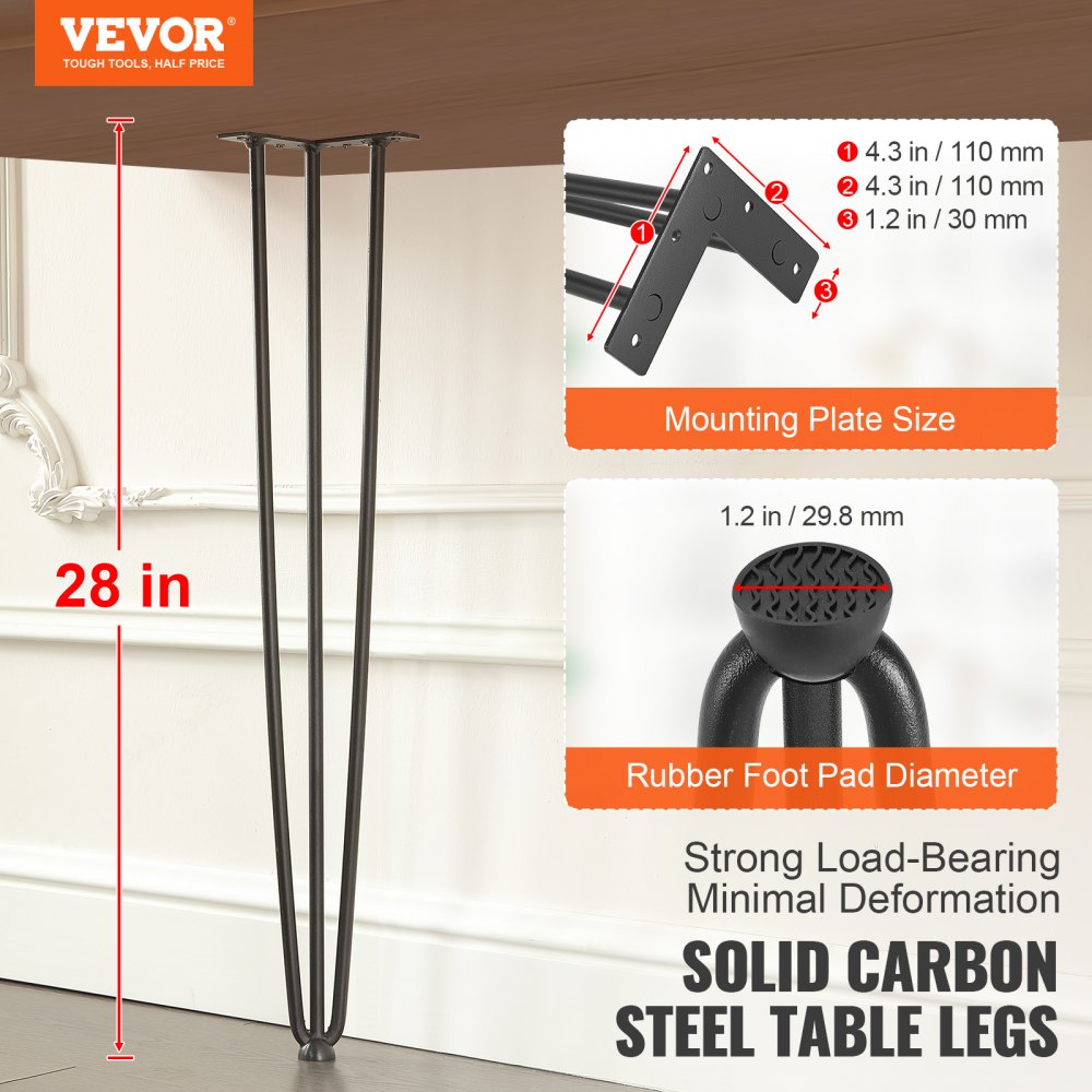Hairpin Table Legs 28", Set of 4 Desk Legs 900lbs Load Capacity, Hairpin Desk Legs 3 Rods for Desk Chairs Bench Dining End Table, Solid Carbon Steel Heavy Duty Furniture Legs Black