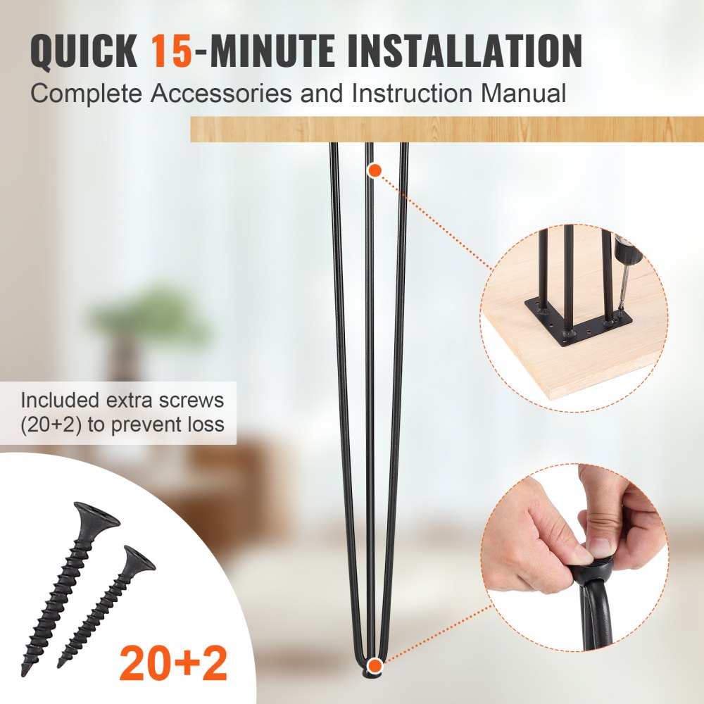 Hairpin Table Legs 28", Set of 4 Desk Legs 900lbs Load Capacity, Hairpin Desk Legs 3 Rods for Desk Chairs Bench Dining End Table, Solid Carbon Steel Heavy Duty Furniture Legs Black