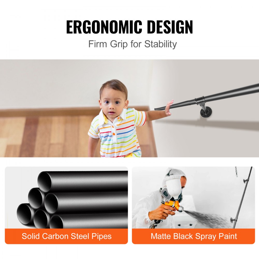 10ft black carbon steel pipe stair handrail with ergonomic grip and 440lbs capacity.