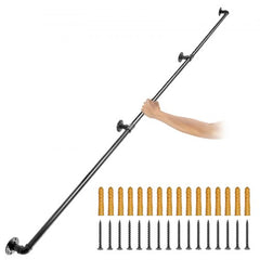 Black industrial carbon steel pipe handrail, 11 feet long, mounted for stair safety and support.
